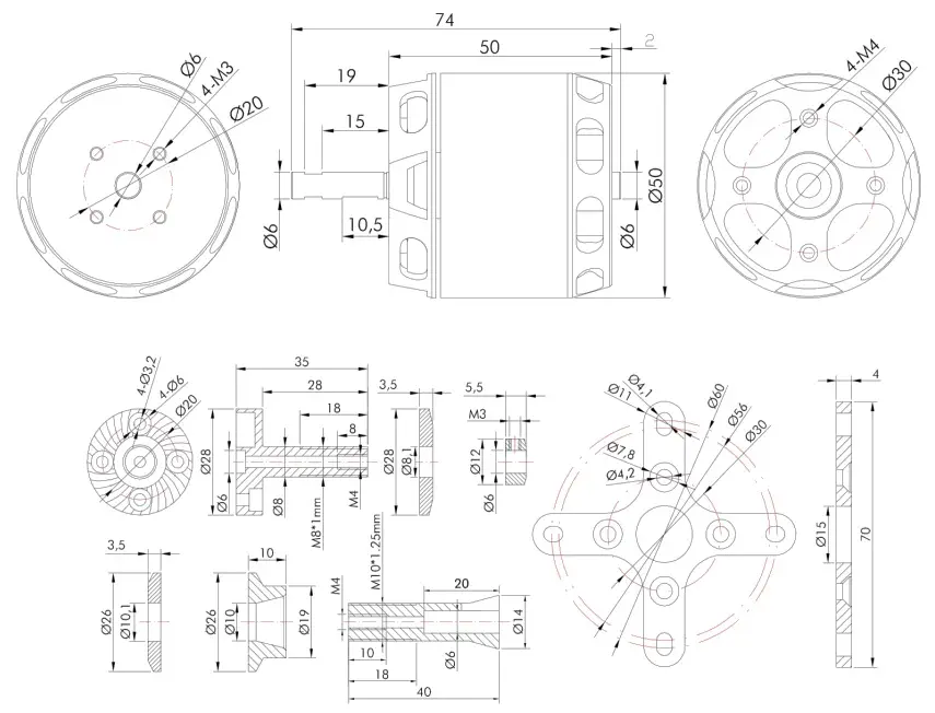 Technical Drawing of AT4125 VTOL Fixed Wing Aircraft Motor - Dimensions