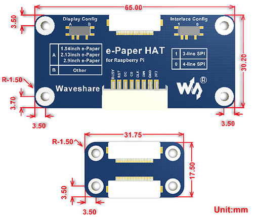 HAT con Pantalla de Tinta Electrónica de 800x480 y 7,5 pulg para Raspberry Pi