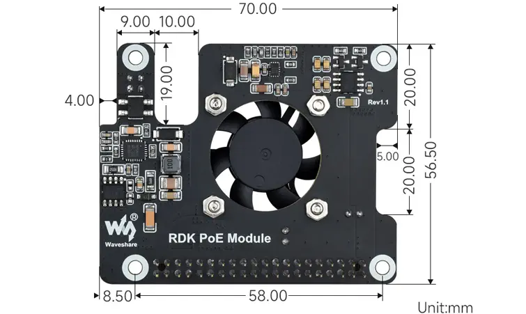 Waveshare Power Over Ethernet Expansion Board for RDK X5, Cooling Fan, w/ Metal Heatsink
