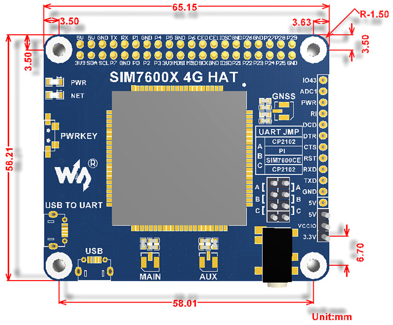 4G/3G/2G/GSM/GPRS/GNSS HAT for Raspberry Pi- Click to Enlarge