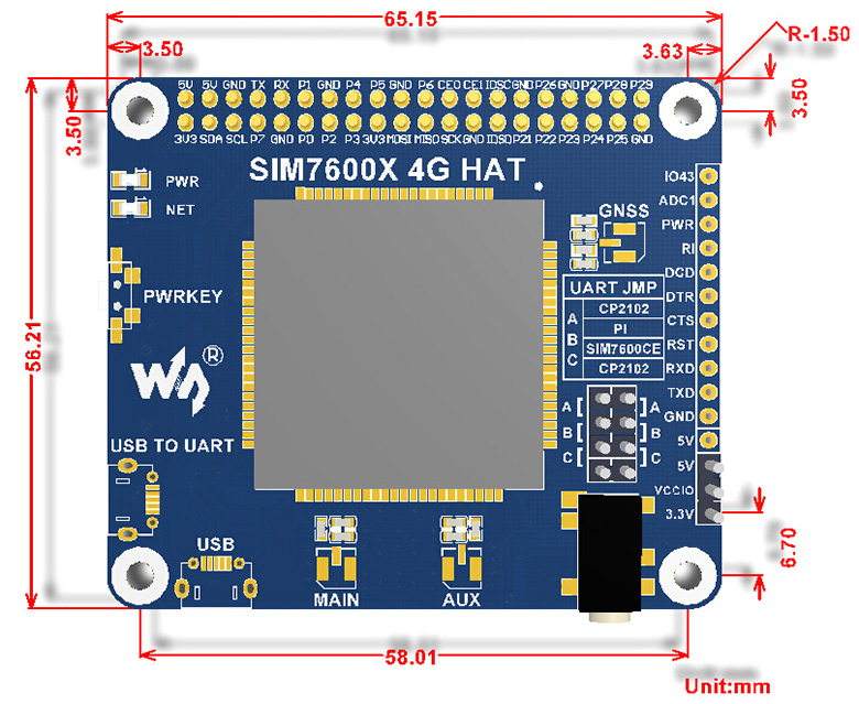 HAT 4G/3G/2G/GSM/GPRS/GNSS para Raspberry Pi Versión Global LTE CAT4 - Haga Clic para Ampliar