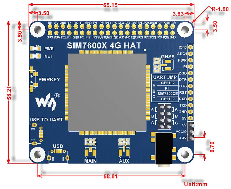 4G/3G/2G/GSM/GPRS/GNSS HAT for Raspberry Pi LTE CAT4 Global Version - Click to Enlarge