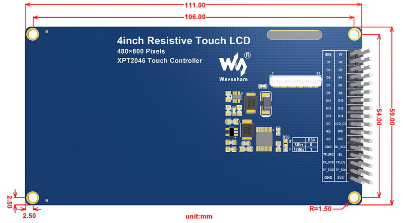 Waveshare 4-Zoll Resistives Touch-LCD, 480 x 800, 8080 parallel - Zum Vergrößern klicken
