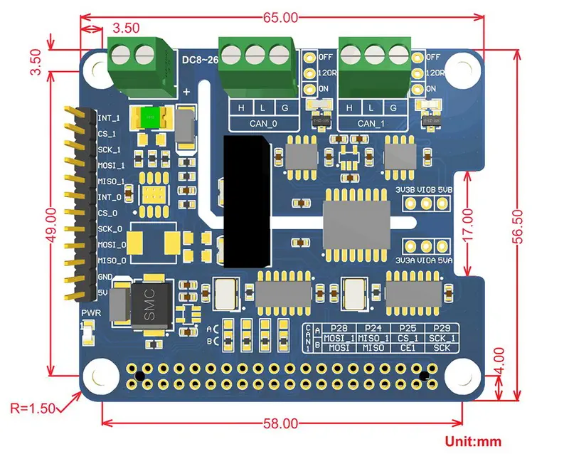 2-Channel Isolated CAN FD Expansion HAT for Raspberry Pi - Click to Enlarge