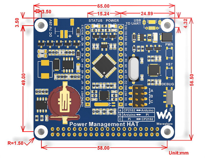 Power Management HAT for Raspberry Pi, Embedded Arduino MCU and RTC - Click to Enlarge