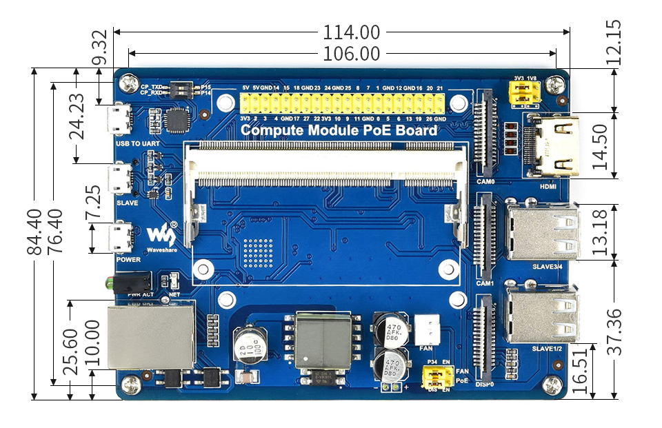 Placa de E/S del Módulo de Cómputo c/ Función PoE para Raspberry Pi CM3/CM3L/CM3+/CM3+L - Haga Clic para Ampliar