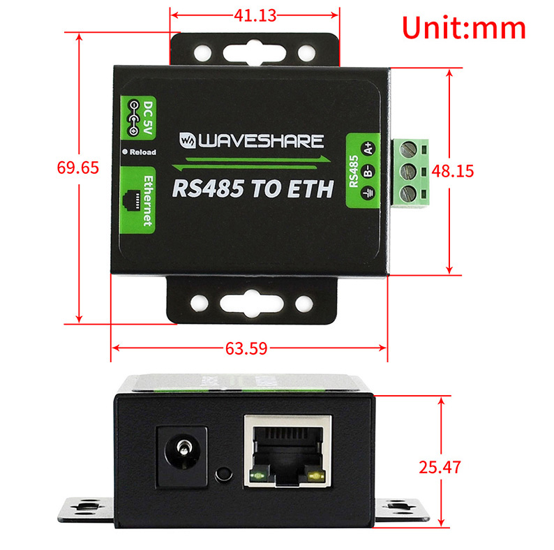 Convertisseur Waveshare RS485 vers Ethernet (prise US) - Cliquez pour agrandir