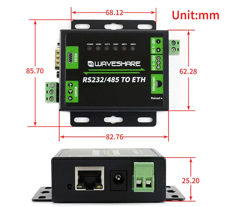 Waveshare Industrial RS232/RS485 to Ethernet Converter (US plug) - Click to Enlarge