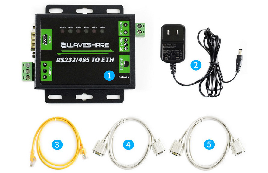 Waveshare Industrial RS232/RS485 to Ethernet Converter (US plug) - Click to Enlarge