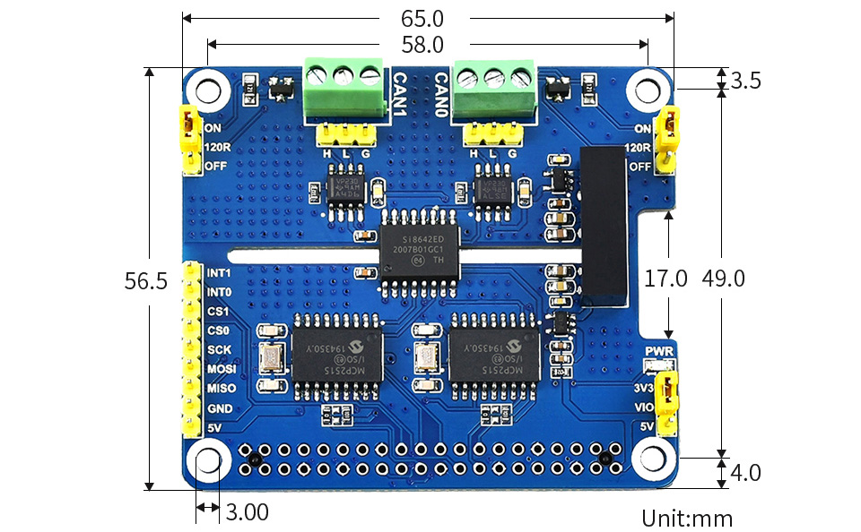 Waveshare 2-Ch Isolated CAN Expansion HAT for Raspberry Pi, Dual Chips Solution - Click to Enlarge