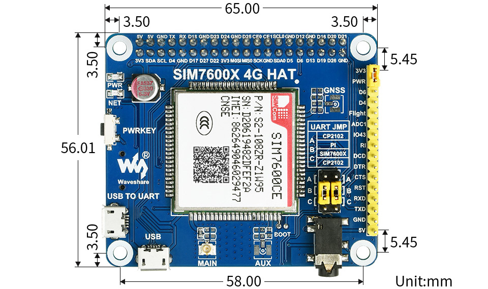 HAT 4G SIM7600CE-CNSE para Raspberry Pi - Haga Clic para Ampliar