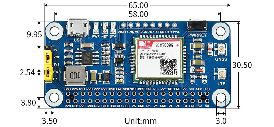 NB-IoT / Cat-M(eMTC) / GNSS HAT for Raspberry Pi - Click to Enlarge