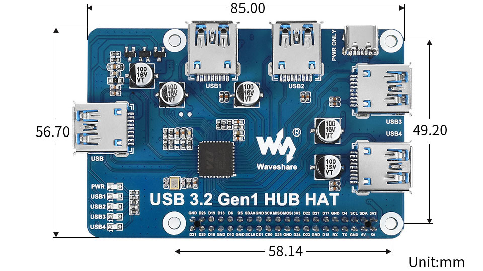 HAT HUB para Raspberry Pi c/ 4 puertos USB 3.2 Gen1 de Waveshare - Haga Clic para Ampliar