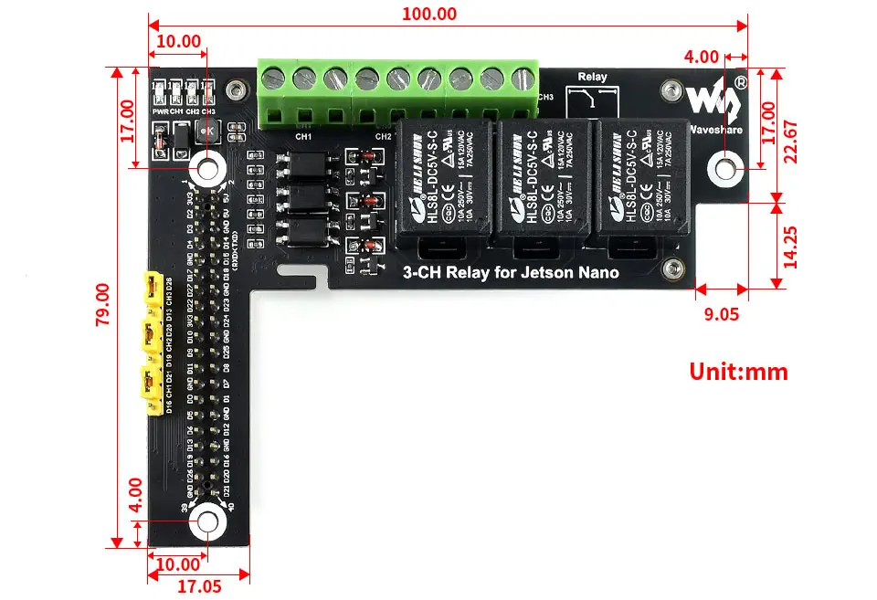 Waveshare 3-CH Relay Expansion Board for Jetson Nano w/ Optocoupler Isolation - Click to Enlarge