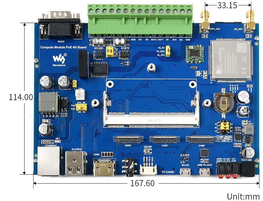 Waveshare Industrial IoT 4G/PoE Base Board for Raspberry Pi CM3/CM3+ - Click to Enlarge