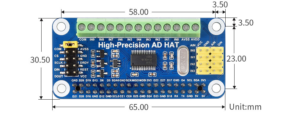 Waveshare High-Precision ADC HAT ADS1263 10-Ch 32-Bit for Raspberry Pi - Click to Enlarge