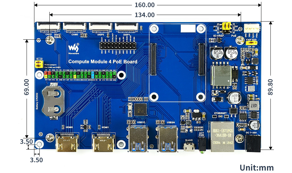 Placa IO para Raspberry Pi CM4 c/ Función PoE de Waveshare - Haga Clic para Ampliar
