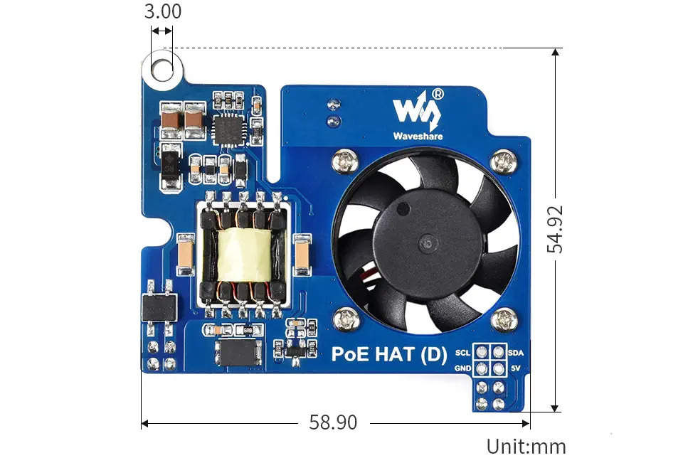 HAT PoE Waveshare (D) pour Raspberry Pi 3B+/4B, conforme à 802.3af - Cliquez pour agrandir