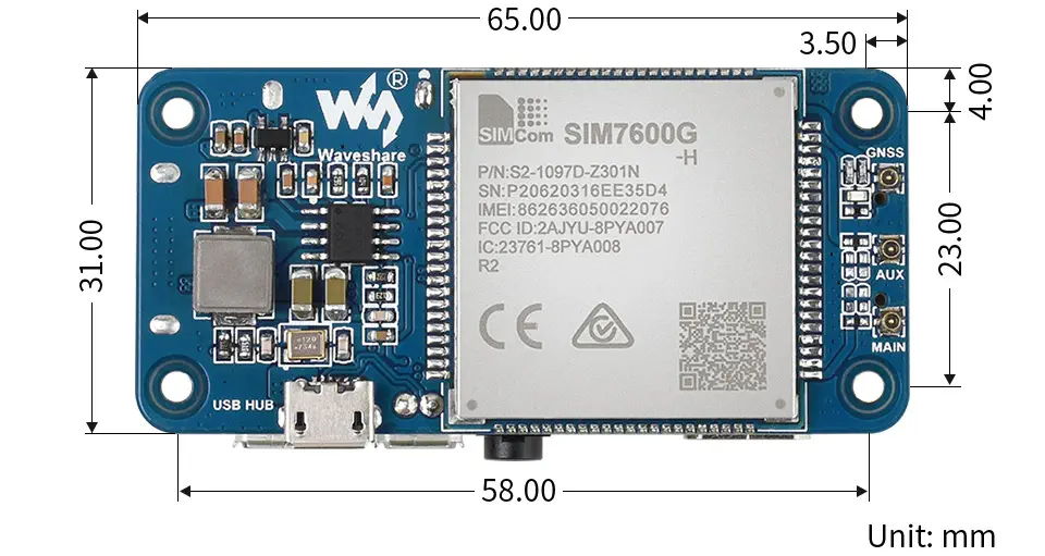 HAT 4G SIM7600G-H (B) para Raspberry Pi LTE Cat-4 4G/3G/2G c/ Soporte GNSS - Haga Clic para Ampliar