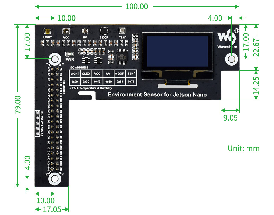 Waveshare Environment Sensors Module for Jetson Nano, I2C Bus w/ 1.3in OLED Display - Click to Enlarge