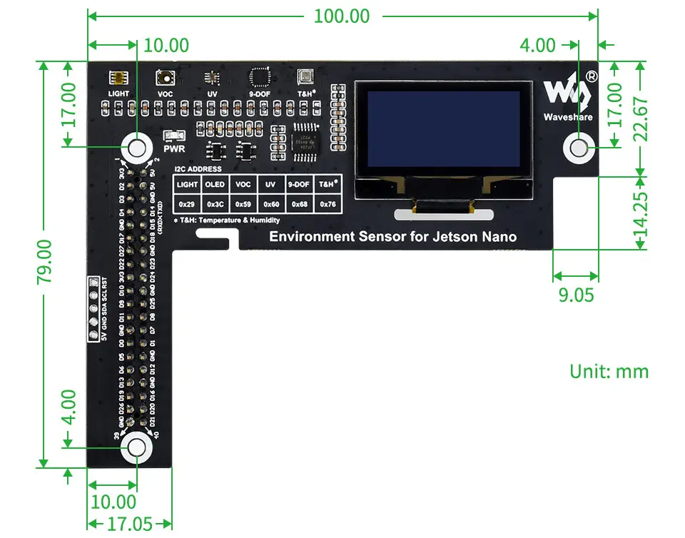 Waveshare Umgebungssensormodul für Jetson Nano, I2C-Bus mit 1,3 Zoll OLED-Display - Zum Vergrößern klicken