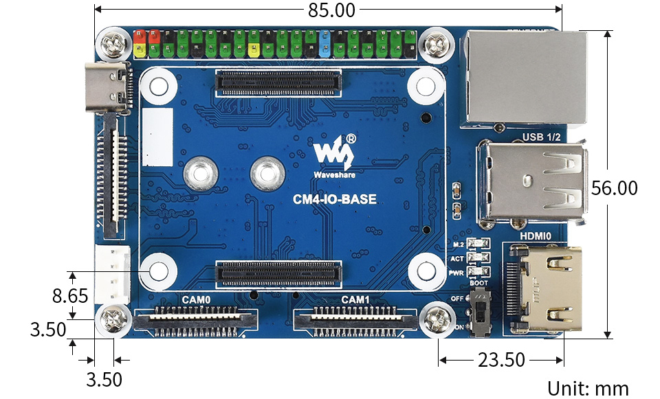 Waveshare Mini Base Board for Raspberry Pi Compute Module 4 - Click to Enlarge