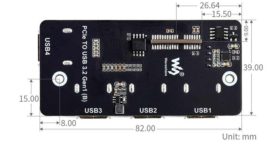 Adaptateur Waveshare PCIe vers USB 3.2 Gen1 pour carte E / S Raspberry Pi CM4 avec 4 HS USB - Cliquez pour agrandir