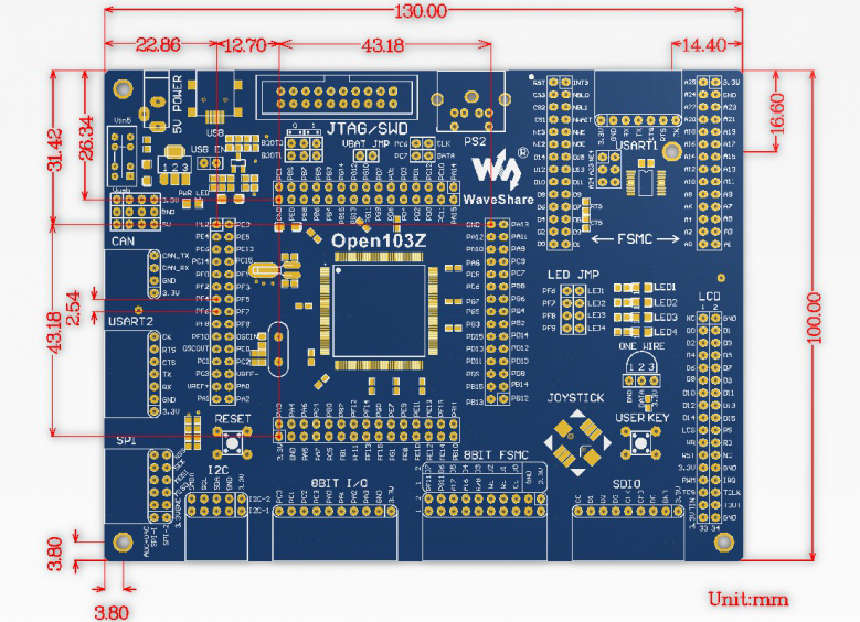 Waveshare Open103Z Standard STM32F1 Entwicklungsboard - Zum Vergrößern klicken