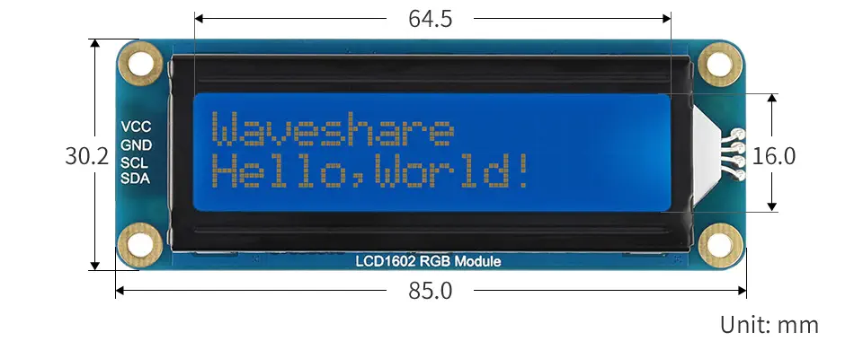 Module Waveshare LCD1602 RGB, 16x2 caractères, rétroéclairage RGB, 3,3V/5V, bus I2C - Cliquez pour agrandir