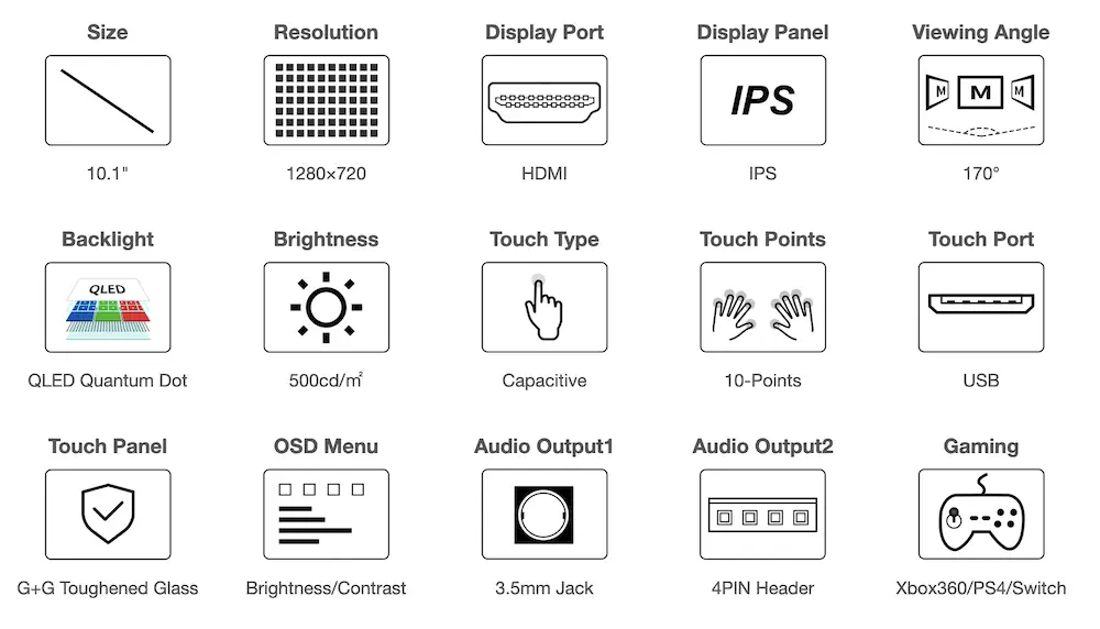 Pantalla Punto Cuántico QLED 10,1pulg Táctil Capacitiva 1280x720 Waveshare (USA) - Haga Clic para Ampliar