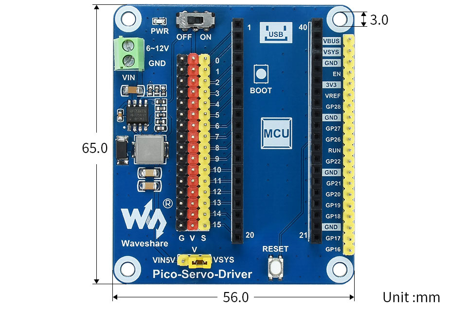 Waveshare Servo Driver Module for Raspberry Pi Pico, 16CH, 16-bit Resolution - Click to Enlarge