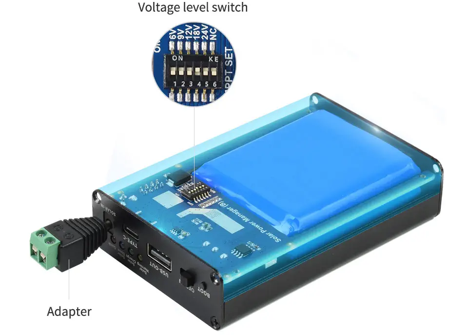 Waveshare Solar Power Manager Embedded 10Ah Li-Po Battery, Supports 6~24V Panels - Click to Enlarge