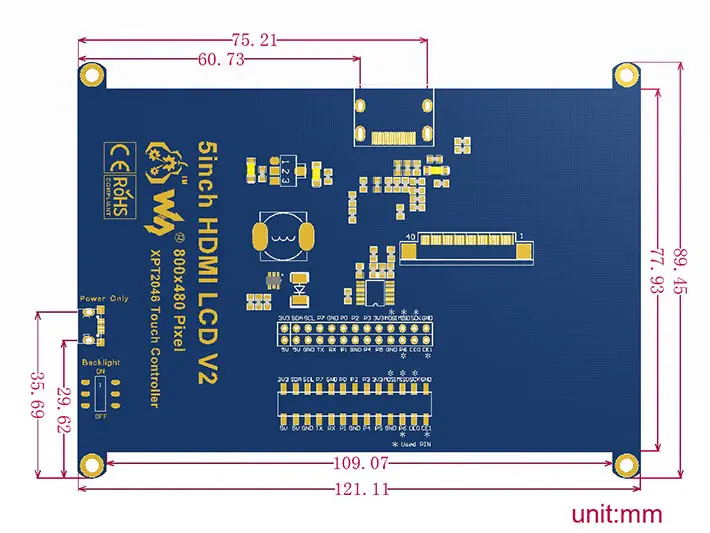 Pantalla Táctil LCD Resistiva de 5" para Raspberry Pi