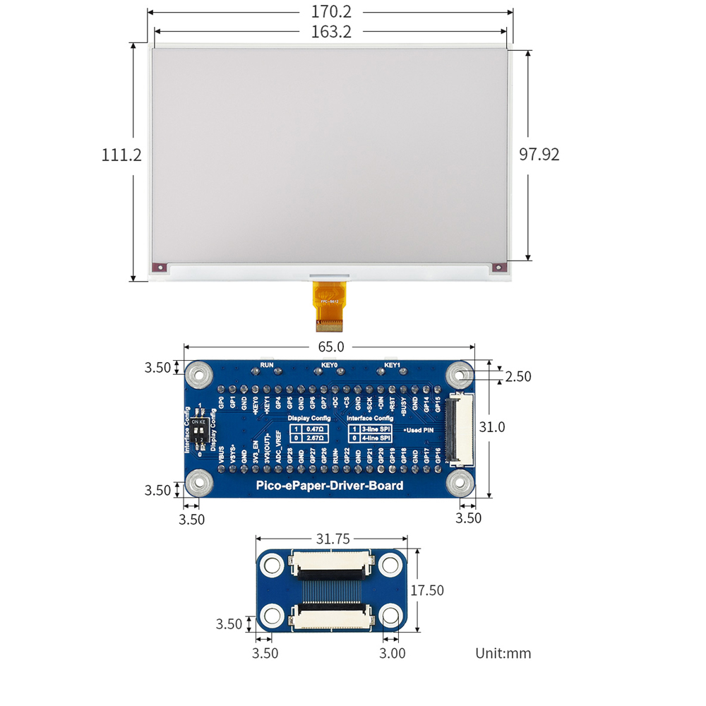 7.5 Inch E-Paper E-Ink Display Module (B) for Raspberry Pi Pico, 800×480, SPI - Click to Enlarge