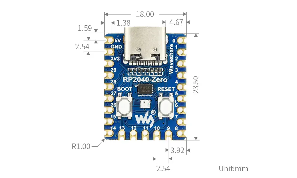 Placa MCU Tipo Pico RP2040-Zero Basada en RP2040, Versión Mini (s/ Header) - Haga Clic para Ampliar