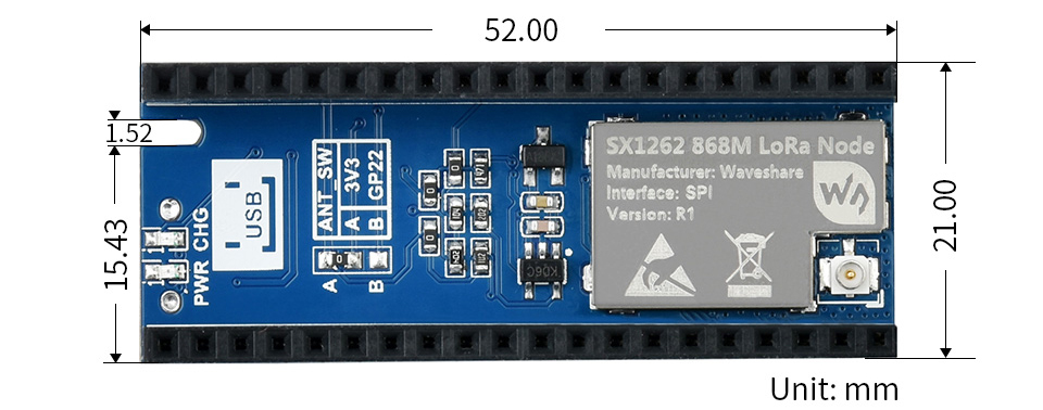 SX1262 LoRa Node Modul für Raspberry Pi Pico, LoRaWAN, EU868 Band - Zum Vergrößern klicken