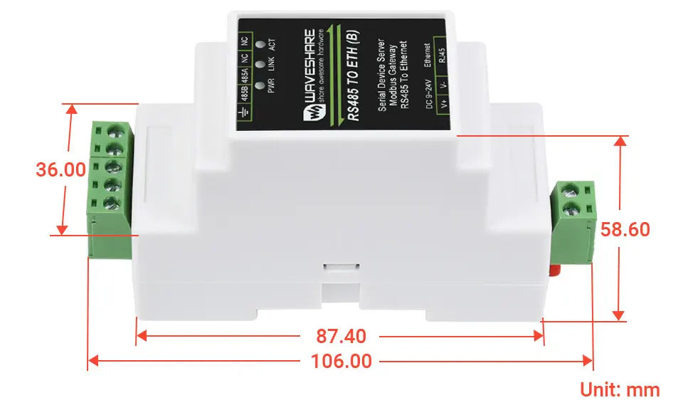 Industrial Serial Server, RS485 to RJ45 Ethernet, TCP/IP to Serial, Rail-Mount - Click to Enlarge