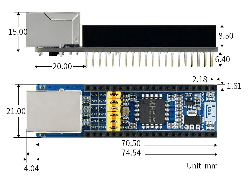 Ethernet to UART Converter for Raspberry Pi Pico, 10/100M Ethernet - Click to Enlarge