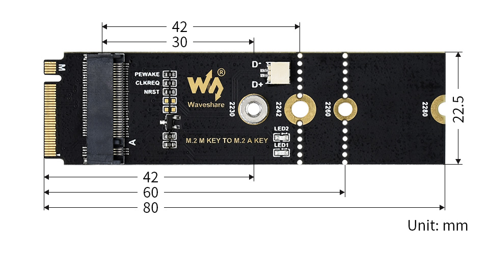 M.2 M KEY to A KEY Adapter, for PCIe Devices, Supports USB Conversion - Click to Enlarge