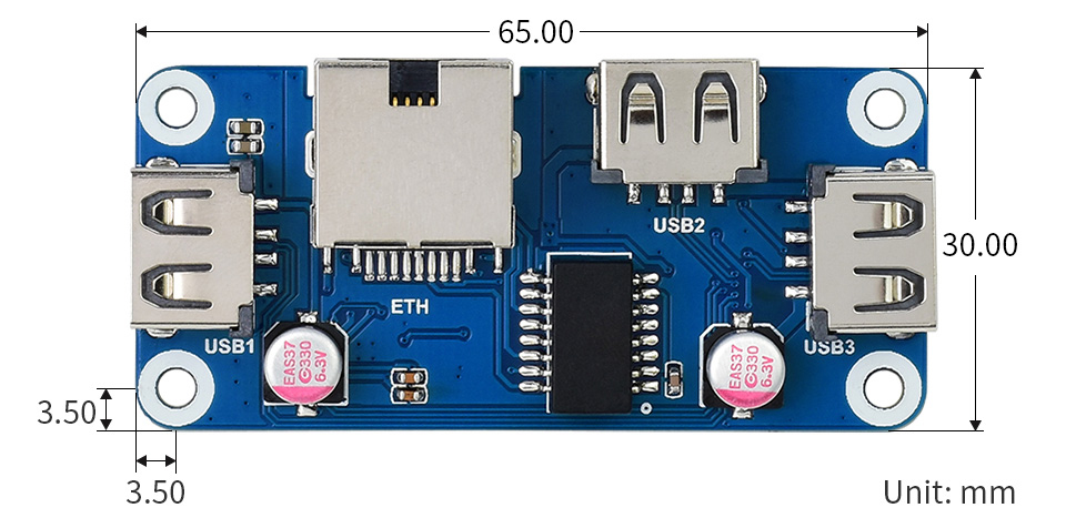 Ethernet/USB HUB HAT (B) für Raspberry Pi Serie, 1x RJ45, 3x USB 2.0 - Zum Vergrößern klicken