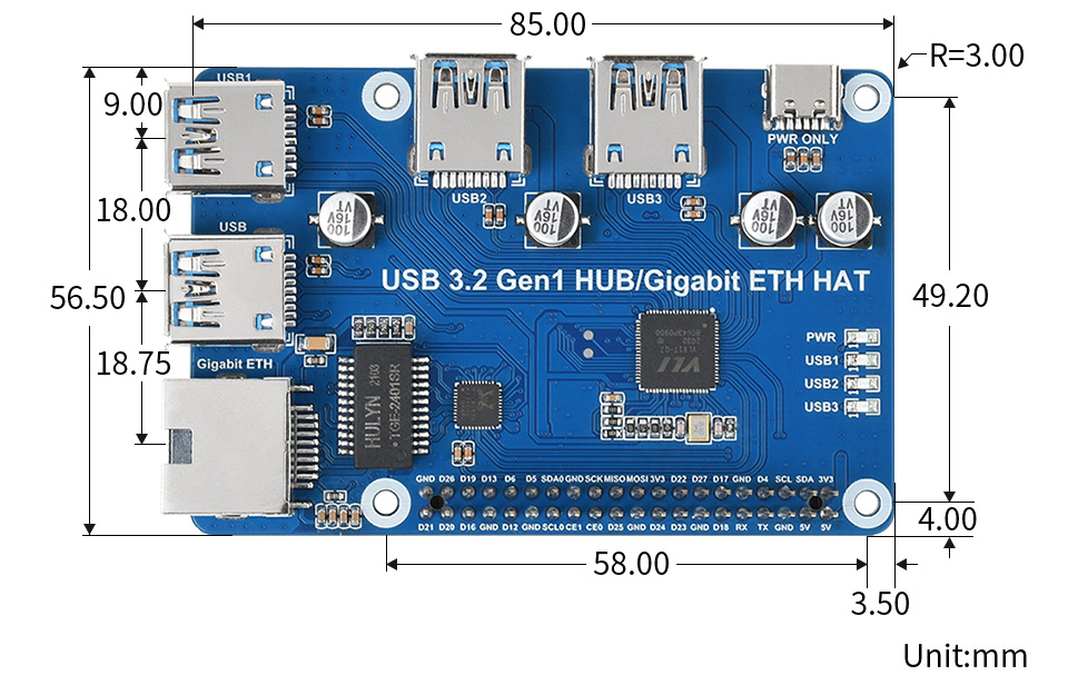 USB 3.2 Gen1 & Gigabit Ethernet HUB HAT for Raspberry Pi, 3x USB, 1x ETH - Click to Enlarge