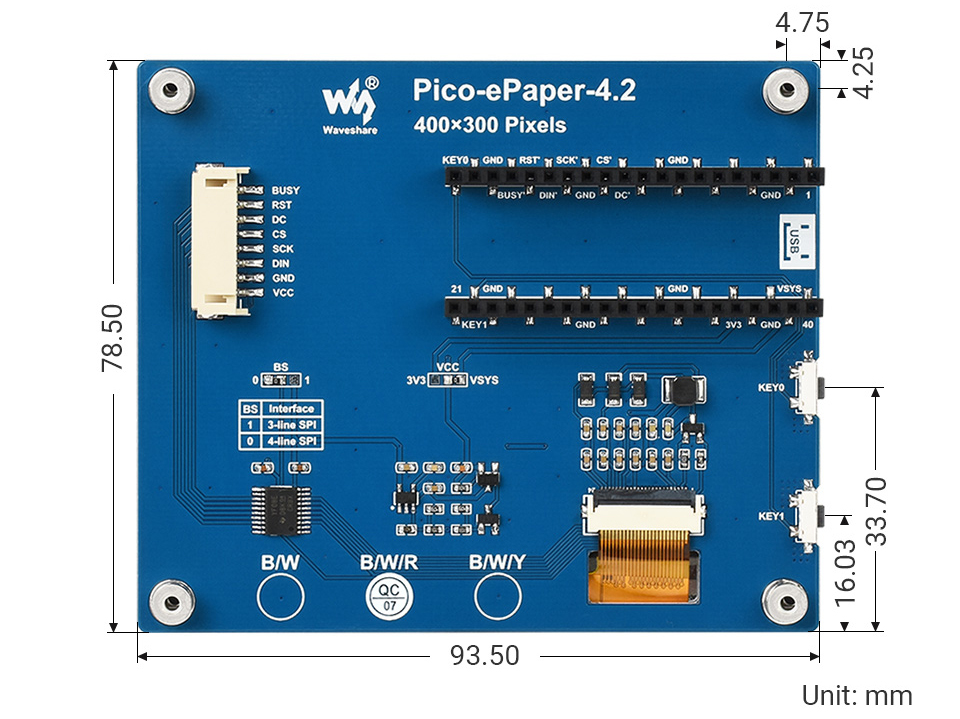 4.2-inch E-Paper Display Module (B) for RPi Pico, 400x300, Red/Black/White, SPI - Click to Enlarge