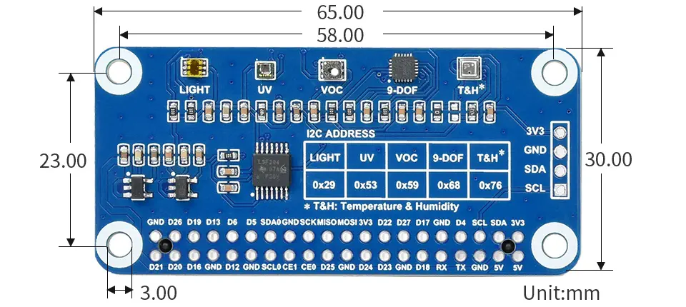 Environment Sensor HAT for Raspberry Pi, I2C Bus - Click to Enlarge