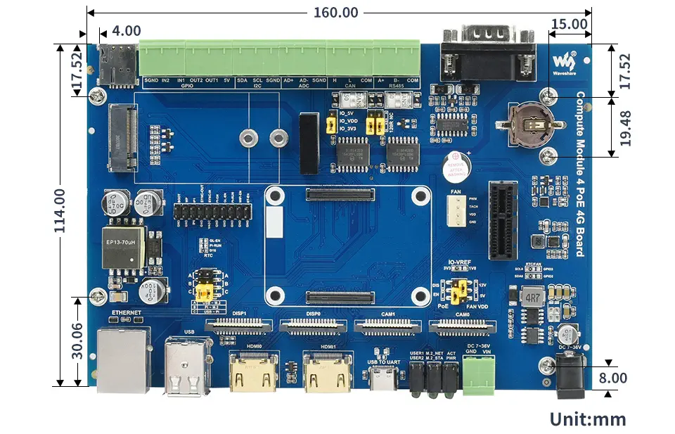 Placa Base Industrial para Módulo de Cómputo 4 Raspberry Pi- Haga Clic para Ampliar