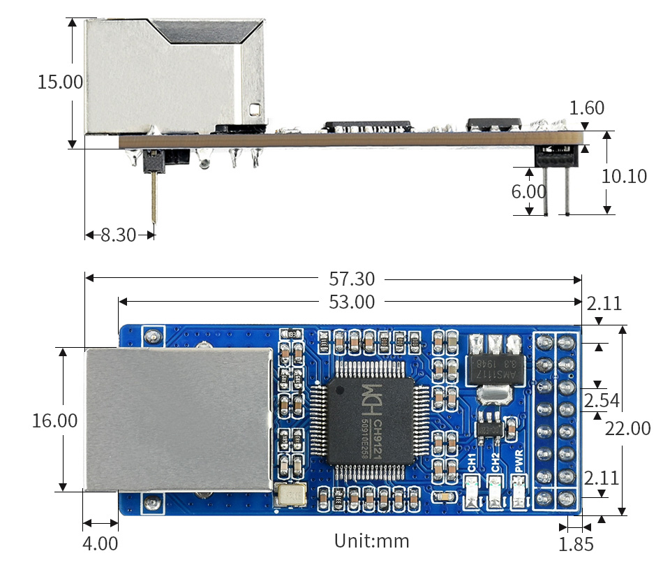 Convertisseur 2CH UART vers Ethernet, module de transmission transparent de port série - Cliquez pour agrandir