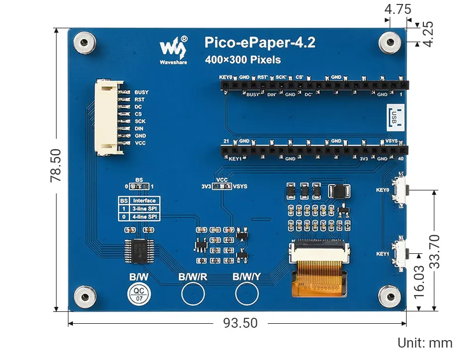 4.2-inch E-Paper Display Module for RPi Pico, 400x300, Black/White, SPI - Click to Enlarge