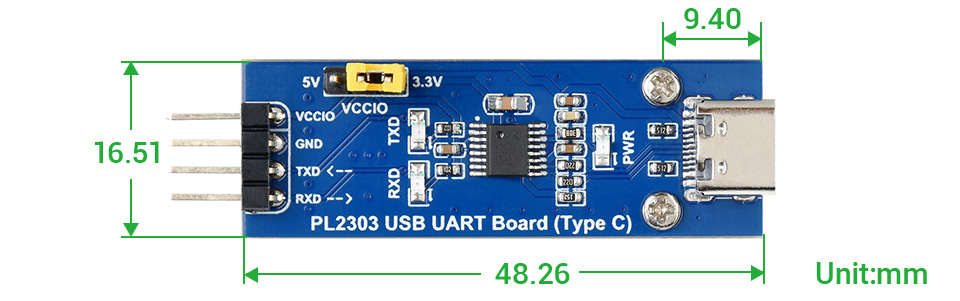 PL2303 USB UART Board (Type C), USB to UART (TTL) Communication Module, USB-C - Click to Enlarge