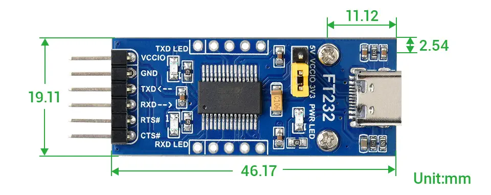 Placa USB UART FT232 (Tipo C), Módulo de Comunicación USB-UART (TTL) Waveshare - Haga Clic para Amploiar