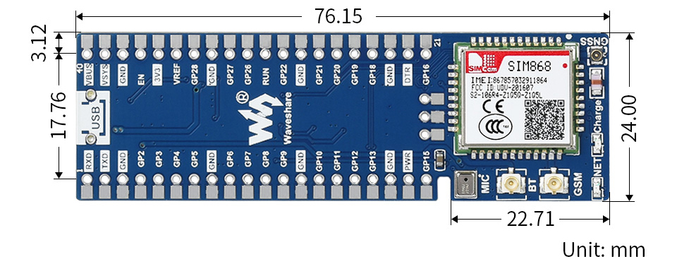 Module SIM868 GSM/GPRS/GNSS pour Raspberry Pi Pico, Connexion Bluetooth - Cliquez pour agrandir