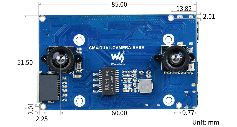Carte de base de caméra binoculaire pour Raspberry Pi CM4 avec extenseur d'interface et FFC - Cliquez pour agrandir